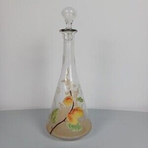 Vintage Painted Glass Decanter MF & Co. Apricot with Stopper